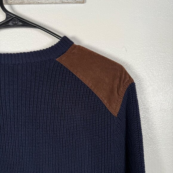 J.Crew Sweater Men's Large Suede Shoulder Patch Blue Woodsman Military Knit - Picture 7 of 12
